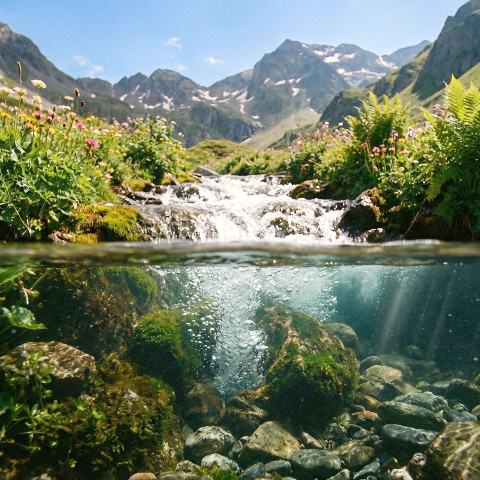 Bergbach im Allgäu über und unter der Wasseroberfläche